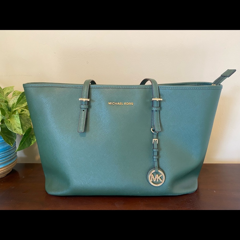 Michael Kors Jet Set Soffiano Leather Zip-Top Tote Bag with laptop insert!